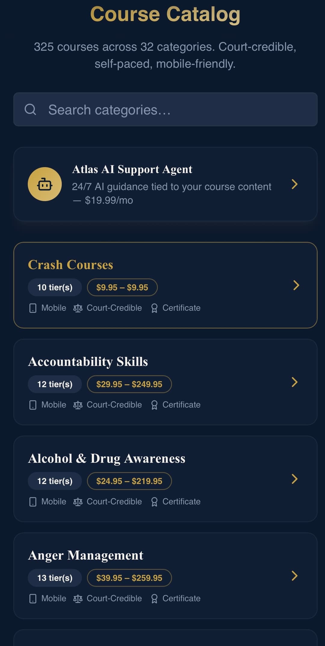 Full Circle course catalog screenshot